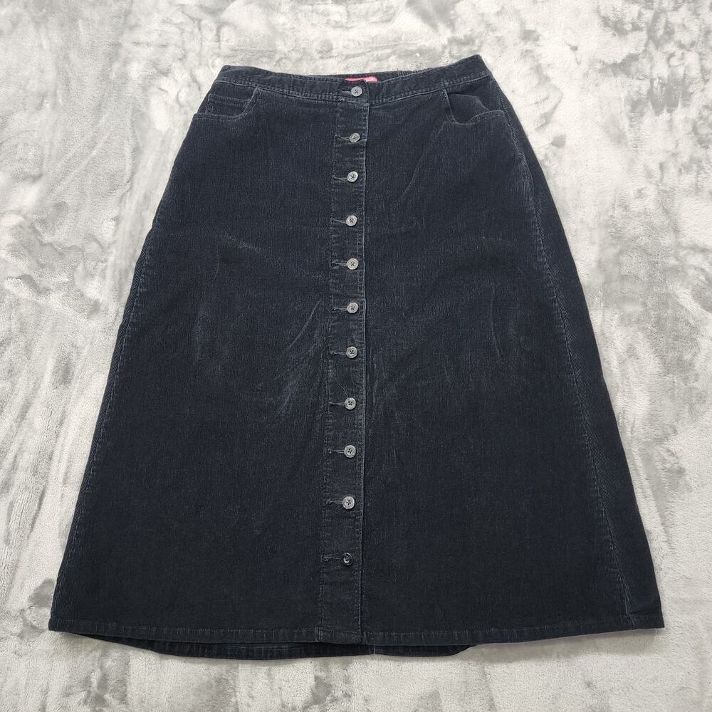 Woman Within Skirt Womens 12W Black Stretch Corduroy Button Front‎ Midi A-Line